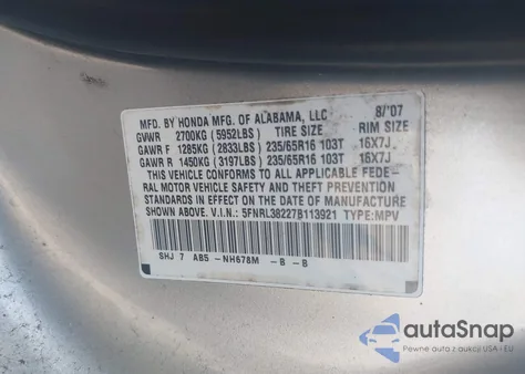 2007 Honda Odyssey Lx из США, поврежденный, VIN 5FNRL38227B113921